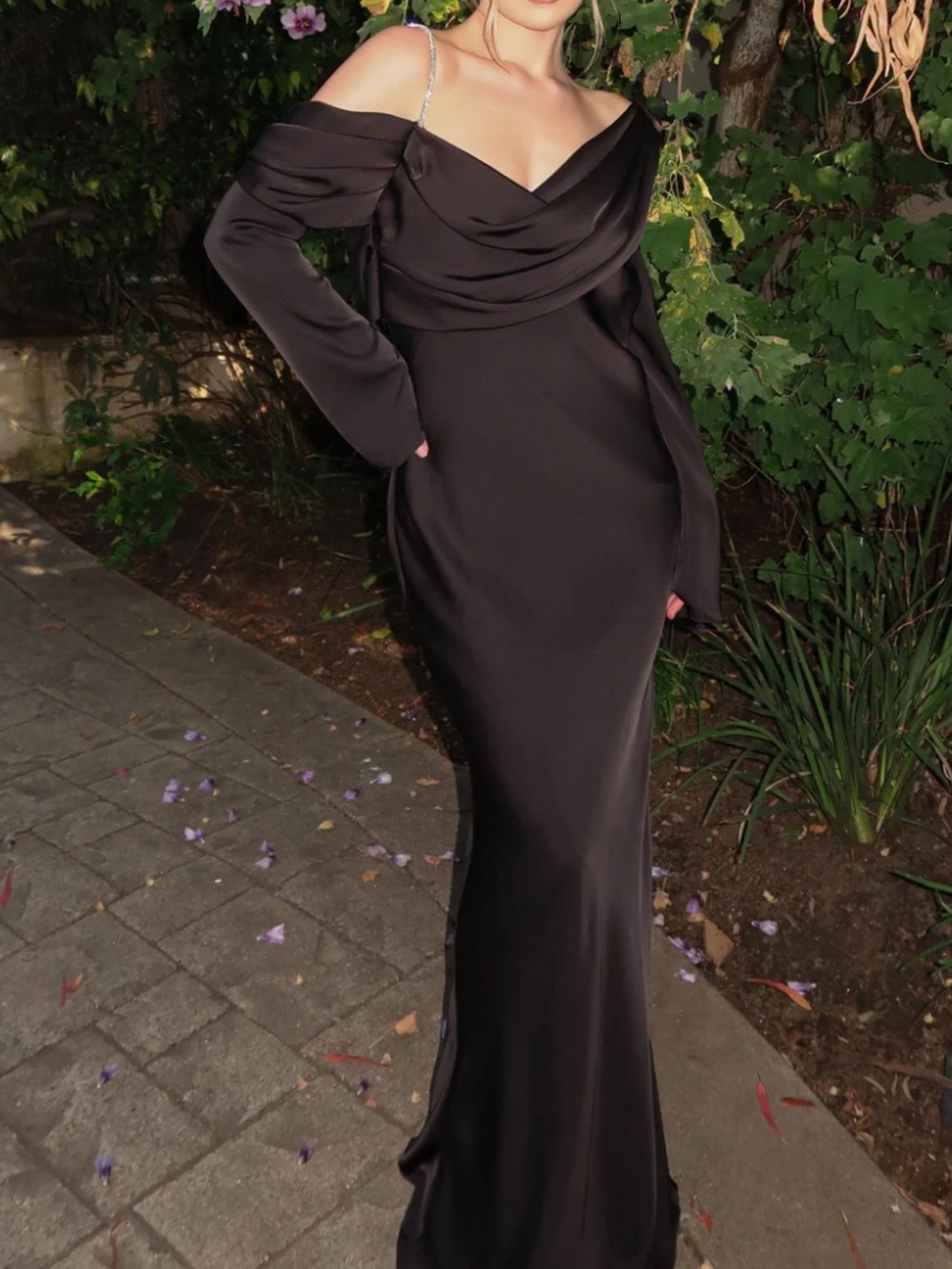 Satin Dress by JLUXLABEL, featuring a dramatic draped off shoulder wore once